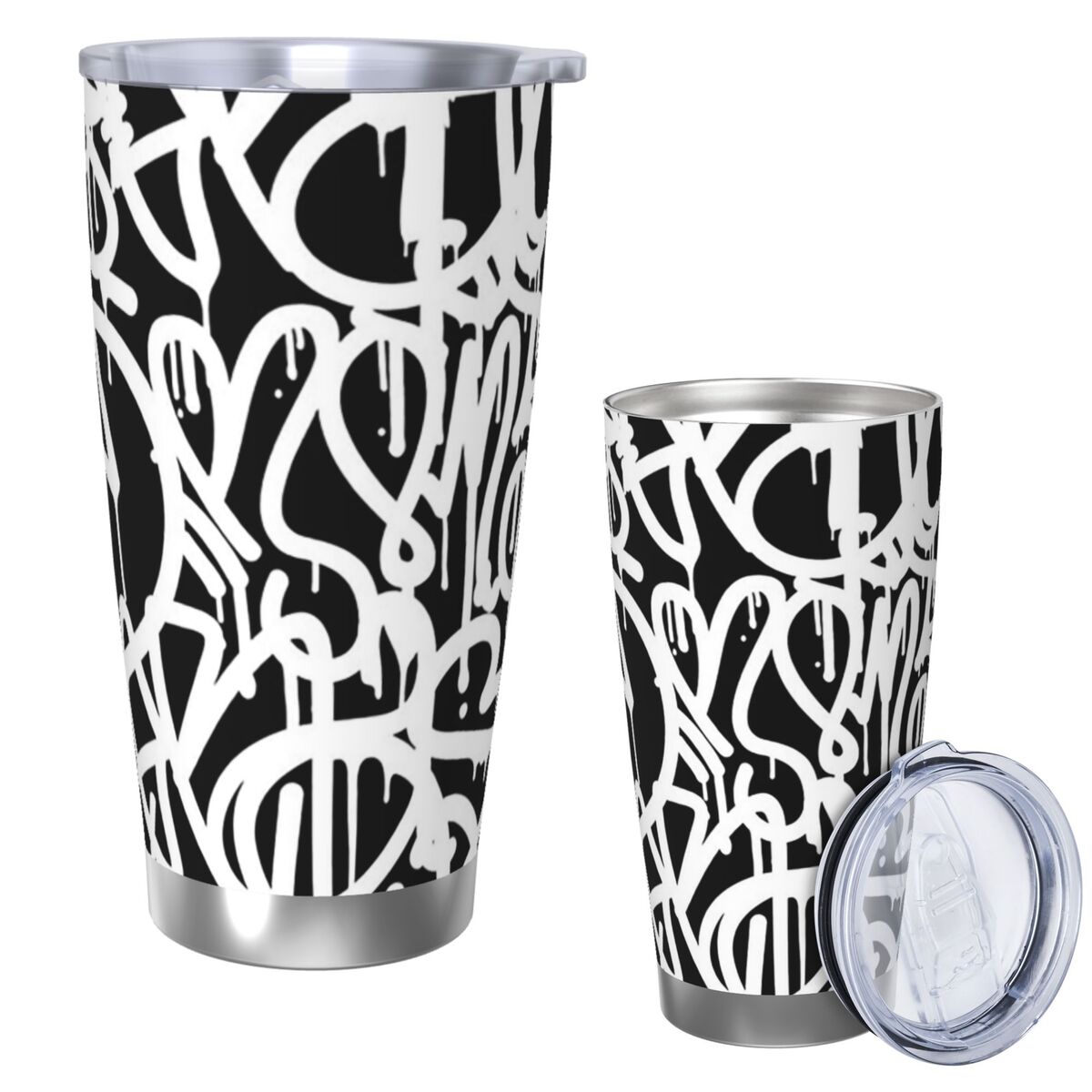Tumbler 20Oz White - Siyah Beyaz Graffiti Paslanmaz Çelik Bardak